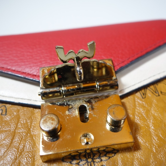 MCM Patricia Three Fold Brown & Red Visetos Leather Push Lock Wallet, Sz Medium - Picture 5 of 16